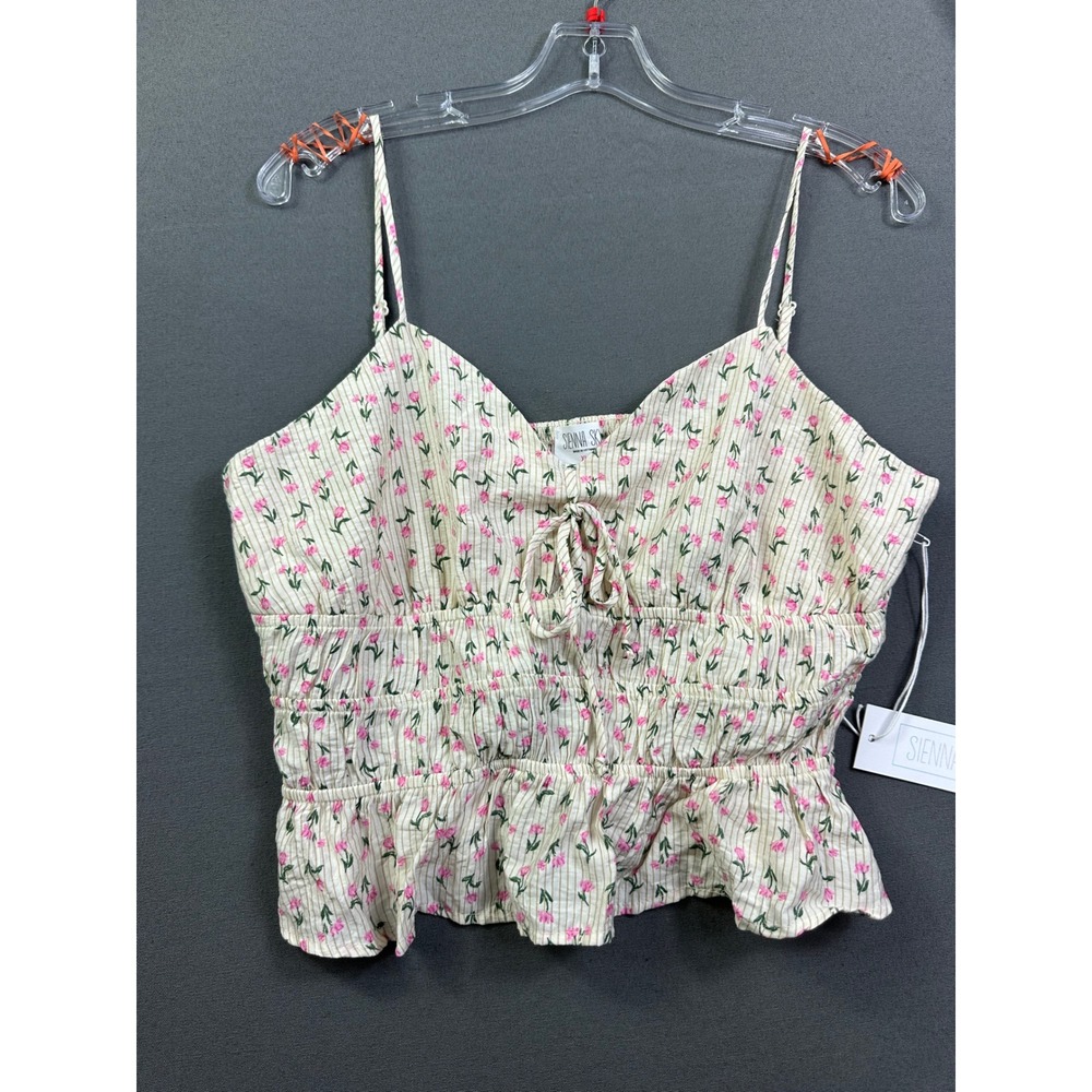 Sienna Sky Womens XL Floral Stripe Smocked Peplum Cami Top Pink Neutral New